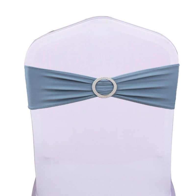 SINSSOWL Pack of 50PCS Spandex Dusty Blue Chair Sashes Bows Elastic Chair Cover Bands Slider Buckles for Wedding Reception Banquet Bridal Decorations - Dusty Blue - Image 2